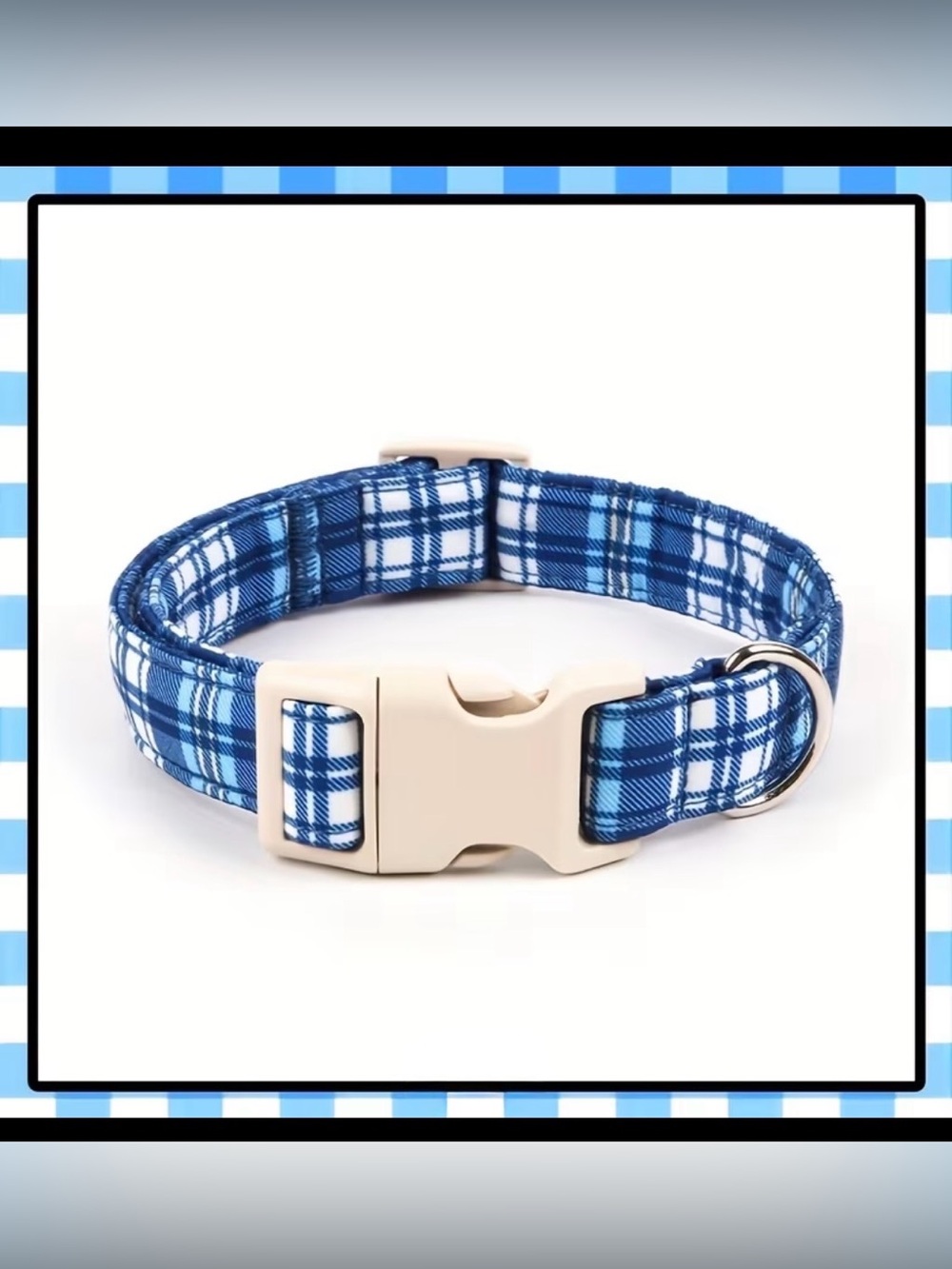 Blue Plaid Adjustable Dog Collar Medium